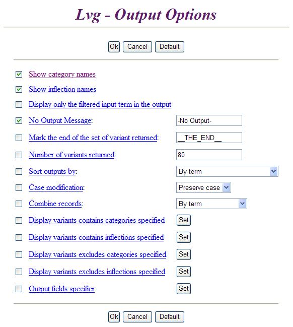 Lexical Web Tools - Lvg Output Options