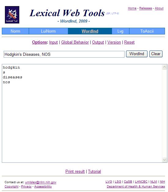 Lexical Web Tools - WordInd Results